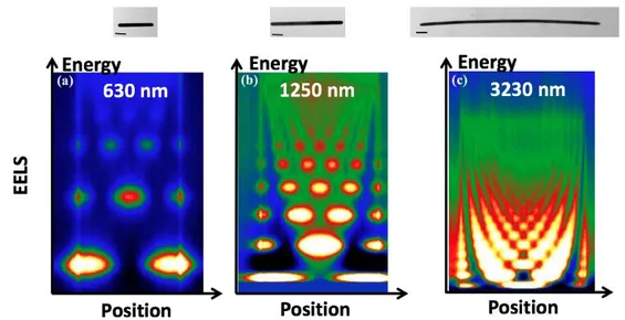 Figure  2.5  EELS  intensity  map  measured  over  metallic  nanorods  of  three  different  sizes  (a)  630nm,  (b)  1250nm  and (c)  3230nm  respectively