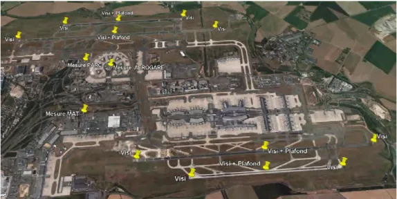 Figure II.9 – Localisation des points de mesure sur l’a´ eroport CDG.