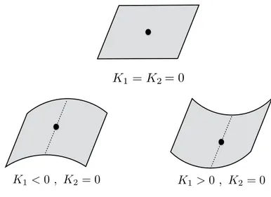 Figure 1.8 – Schéma représentant différentes surfaces cas de courbure principale K 1 et K 2 