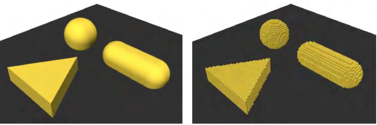 Figure . : ( b ) shows a cubic volume discretization of an arbitrary nanostructure, illustrated in ( a ), which is composed of multiple elements lying on a substrate.