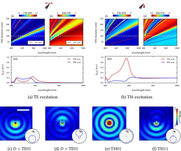Figure . : Ratio of forward to backward scatering (i: FW/BW, ii: BW/FW) for a silicon nanowire, illu- illu-minated by a TE ( a ) and TM ( b ) polarized planewave