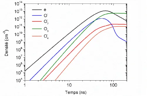 Figure 2-14 : Evolution temporelle de la densité des électrons et des principaux ions négatifs  