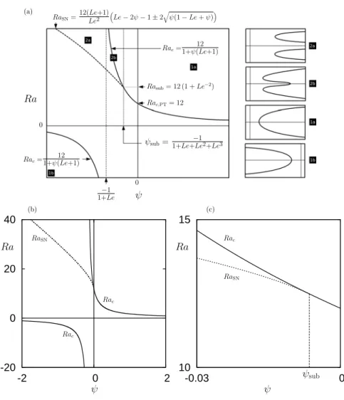 Fig. 2 (a) In the parameter space (ψ, Ra) the figure shows the stability diagram and the various analytical expressions obtained in the text