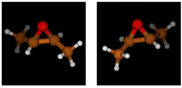 Figure 5.3 – The two enantiomers of the molecule dimethyloxirane (DMO). We used the program MOLDEN [62] to represent these molecules.