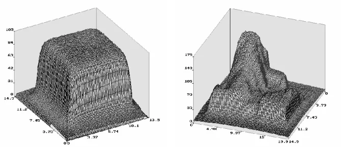 FIG. 1.6 est une représentation tridimensionnelle d’un champ d’irradiation homogène à  gauche et d’un champ modulé en intensité à droite