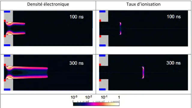 Figure  1-15  :  Logarithme  de  la  densité  électronique  et  du  taux  d’ionisation  pour  100  et  300  ns  respectivement 