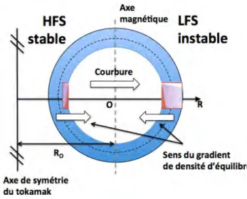 Figure 1.2 – La région à droite de la source représente le côté faible champ (LFS), où la courbure et le gradient de densité sont