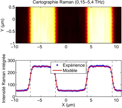 Figure II.15 – Cartographie Raman réalisée avec une longueur d’onde d’excitatrice de 532 nm et profil correspondant.