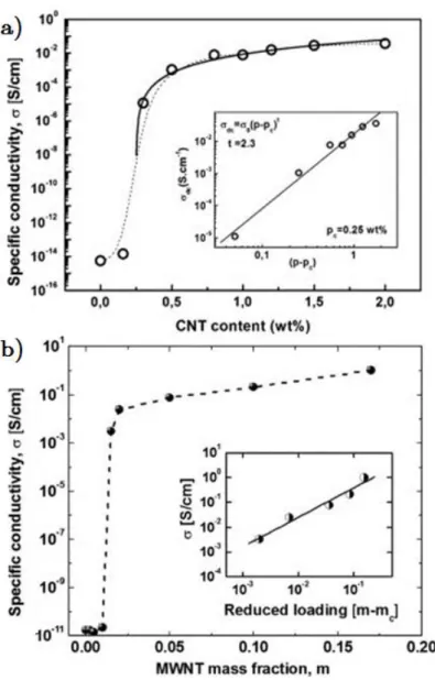 Figure 1.18. Electrical conductivity of the a) DWNTs/PEEK [77]   b) MWNTs/PEEK [49] composites as a function of CNTs weight fraction