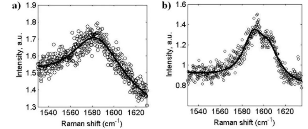 Figure  2.16a-b  show  the  G  band  Raman  spectra  of  0.8wt%  DWNTs/PEEK  composite at two different locations on the sample