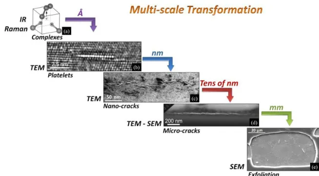 Fig. 2.2: Scheme illustrating the thermal evolution of ion implantation induced defects at different stages on the splitting process: (a) gas filled platelets, (b) nano-cracks, (c) micro-cracks, and (d) exfoliated surface resulting from cleavage assisted m