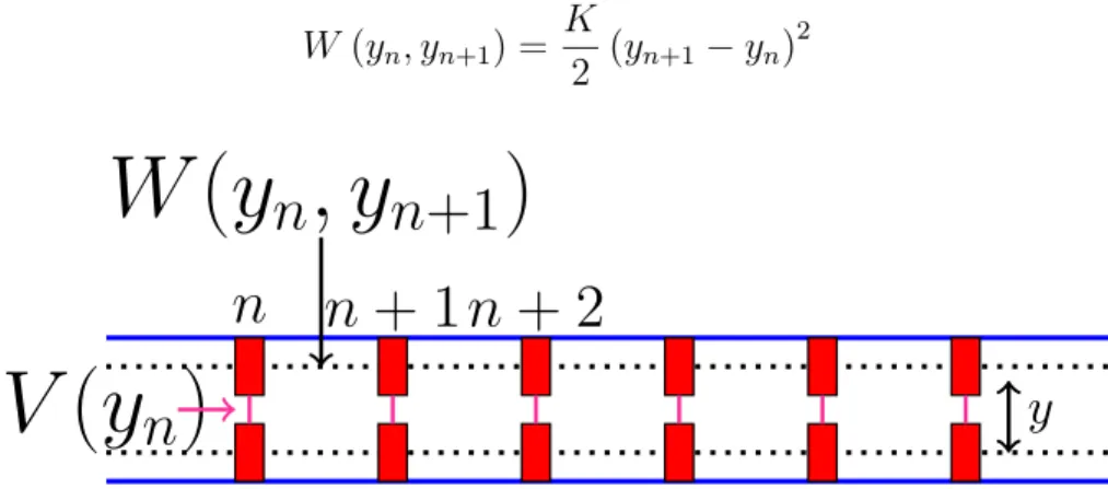Figure 1.9: Sketch of model DNA showing the hydrogen interaction term and stacking term between the bases.