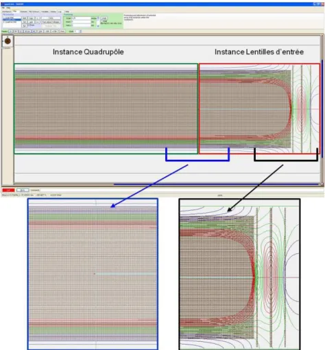 Figure 32 : Vue des lignes iso-potentielles dans les deux premières instances dans le logiciel SIMION®  (en haut)