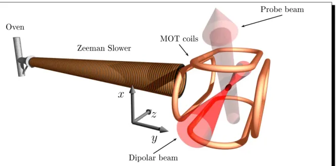 Figure 2.1: Sketch of the pre-cooled atomic source: Zeeman, MOT and the probe