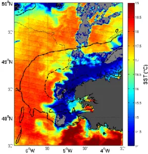 Fig. 3.5: SST in the Iroise Sea on 07/14/2010 at 2h32 and Simpson-Hunter cri- cri-terion log 10 (h/U 3 ) = 2.2 (dot-dashed lines),log 10 (h/U 3 ) = 2.5 (dashed lines) and