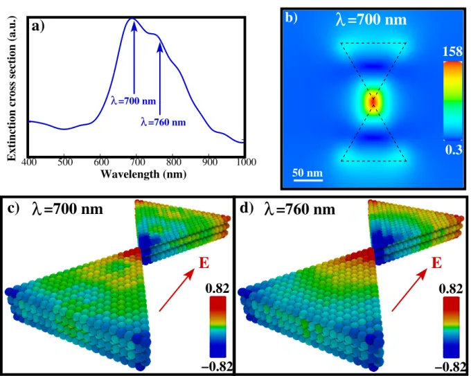 Figure I.14 – (a) Spectre d’extinction associé à deux nano-prismes équilatéraux d’or de 100 nm de côté et 20 nm de hauteur déposés sur une surface de verre