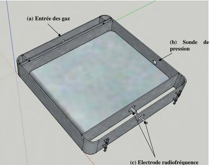 Figure 3-5 : boîte plasma avec l’électrode RF au milieu. L’entrée des gaz se fait par le haut  (a)