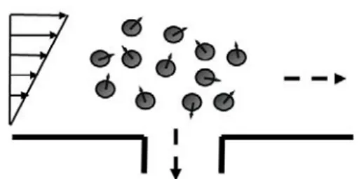 Figure 1: Particules soumises à un cisaillement à proximité de l’entrée d’un pore.