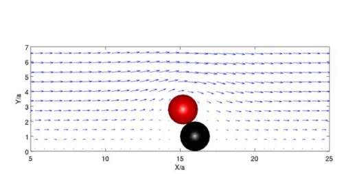 Figure 3.11: Flow pattern around two fixed particles in a straight channel under constant