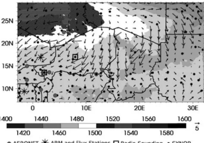Figure 1. Geopotential at 850 hPa (shading, in metres) and 10 m surface