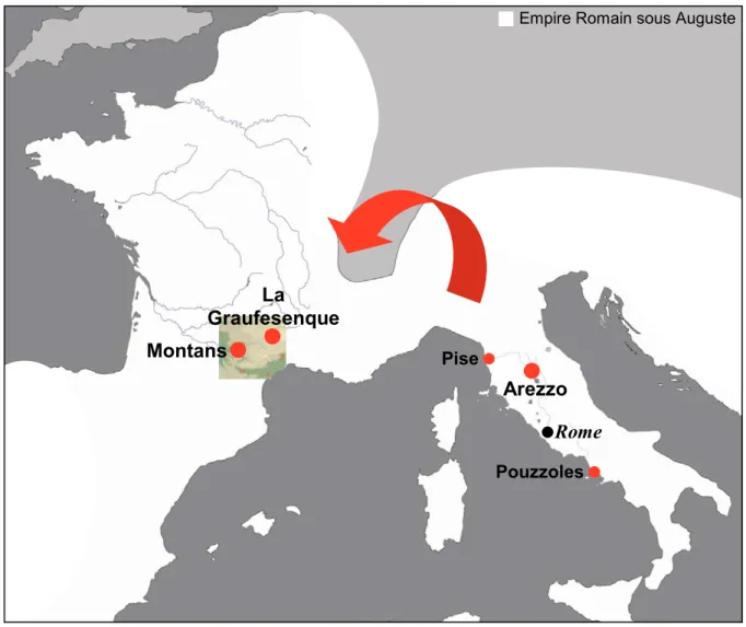 Figure  I.A.1 :  Carte  de  l’empire  Romain  sous  Auguste  et  localisation  des  principaux  ateliers  Italiques et Sud-Gaulois (Diffusion de la technique).