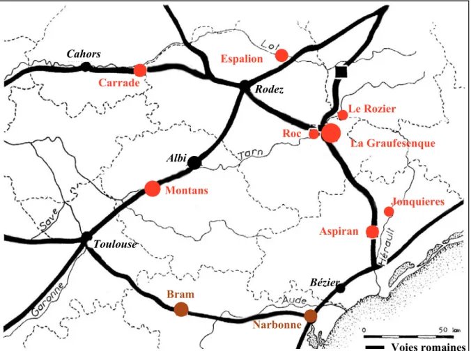 Figure I.A.2 :  Carte des ateliers de sigillées (en rouge) et d’imitations de sigillées (Proto-sigillées)  Sud-Gaulois et des principales voies romaines