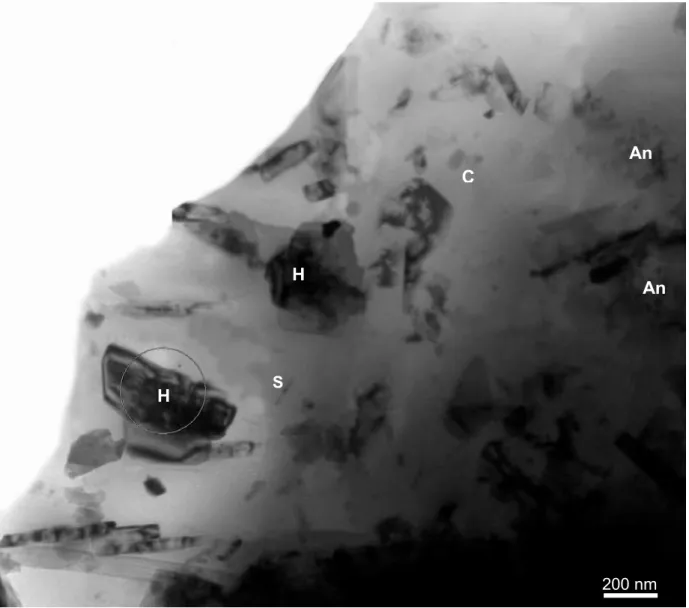 Figure II.D.6:  Image en champ clair du prélèvement ESP-5 cuit à 1050°C, réalisée en microscopie  électronique à transmission (S : spinelle, H : hématite, C : corindon, An : Anorthite)