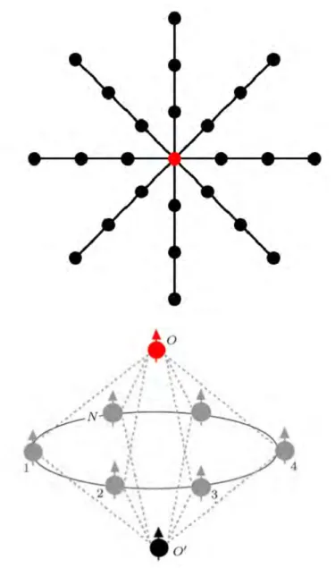 Figure 3.9  Réseaux de spins 1D et 3D eectuant la mesure du spin en rouge (cf. [36] et [37]).