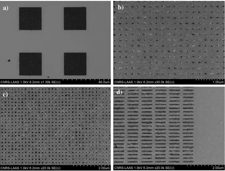 Figure A.5.7. Images MEB des motifs du complexe [Fe(azpy)Ni(CN) 4 ] : a-20x20µm b – 80x30  nm, c - 80x80 nm, d – 670x60 nm