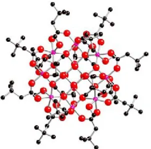 Fig. 2 – Représentation schématique de la molécule magnétique Mn 12 . Les 12 atomes colorés en violet représentent les atomes de M n.