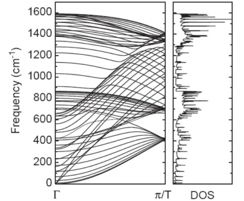 Fig. 3-16. Dispersión de fonones para un nanotubo (10,10) y su densidad de estados de  fonones 