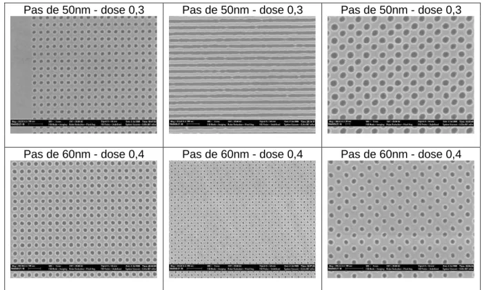 Figure 3-10 : Image MEB des différents types de réseaux nanométriques réalisés par  EBL