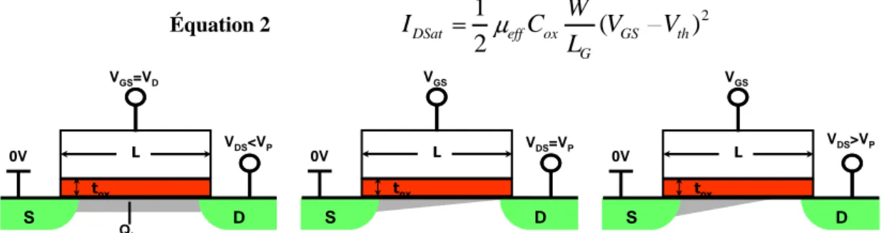 Figure 5 Différents régimes de conduction en fonction de la valeur de la tension de Drain V DS 
