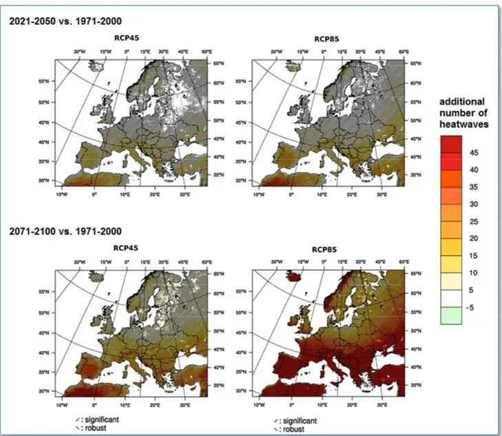 Figure i.1 – Changement du nombre moyen de vagues de chaleur de mai à septembre  sur  la  zone  Euro-Méditerranée  pour  (en  haut)  2021-2050  et  pour  (en  bas)  2071-2100,  par  rapport  à  la  période  1971-2000,  à  partir  des  simulations  des  mod
