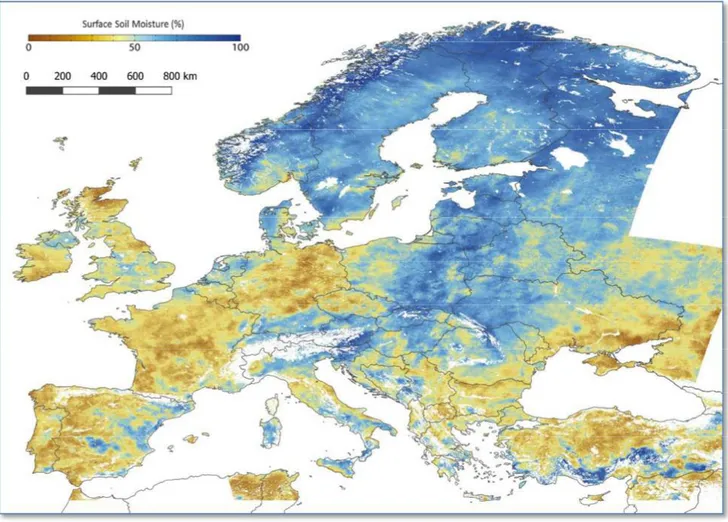 Figure i.7 – Mean surface soil moisture index in August 2018 over Europe at a spatial  resolution of 1 km × 1 km as derived from the combination of C-band low resolution  ASCAT  scatterometer  and  high  resolution  Sentinel  1  synthetic  aperture  radar  (SAR)  observations  ( 