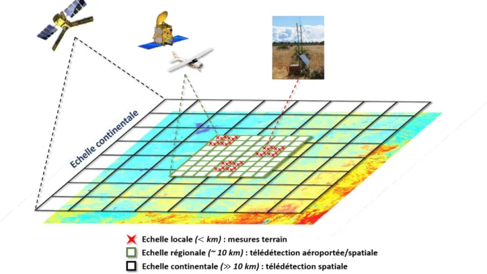 Figure  1.2  :  Acquisition  sur  diverses  échelles  spatiales  de  l’hétérogénéité  des  surfaces  continentales, au moyen de plusieurs technologies.