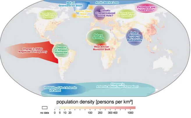 Figure	 1:	 Map	 of	 potential	 tipping	 points	 due	 to	 climatic	 change	 in	 the	 21 st	