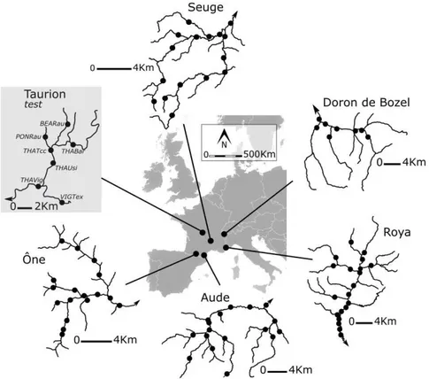Figure 1.1: Map of the five river basins and sampling sites (black dots) used to test for genotyping success