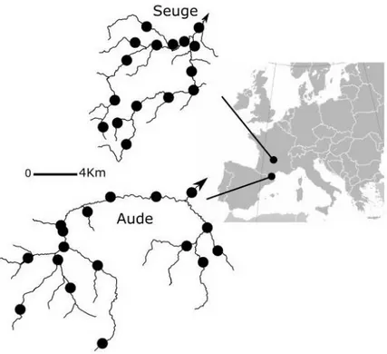 Figure 2.1: Location of the two studied systems in France and locations of sampled sites within each basin