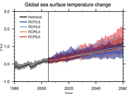 Figure 1.4: Projected changes in annual averaged, globally averaged, surface ocean temperature based on 12 Atmosphere–Ocean General Circulation Models (AOGCMs) from the CMIP5 multi-model  en-semble, under 21st century scenarios RCP2.6, RCP4.5, RCP6.0 and R