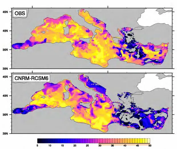 Figure 2.14:  As in Fig . 2. 1 3  but for the total  number of days touched by the  MHW  at every grid point