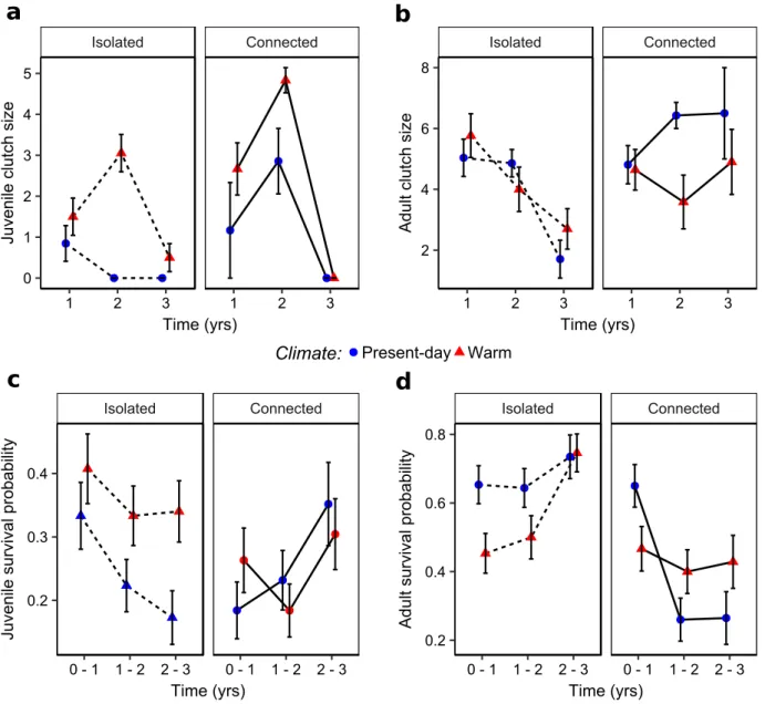 Figure 2.2 – Life history traits: Juvenile clutch size (a), adult clutch size (b), juvenile survival probability (c) and adult survival probability (d) through time in isolated (dashed lines) and connected (solid lines) habitats under present-day (blue cir