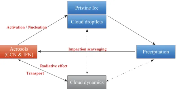Figure 2.1 – Diagramme repr´esentant les interactions a´erosols - nuages - -pr´ecipitations dans LIMA (Source : Vi´e et al