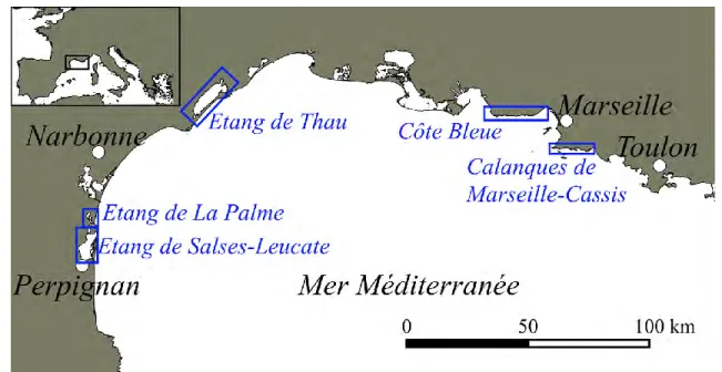 Figure 2.9 : Localisation des différents sites étudiés lors de cette thèse