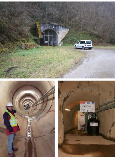 Figure 3.5 : Photos représentant l'entrée du tunnel, et l'intérieur du tunnel (à l’entrée et devant le préfabriqué accueillant les  détecteurs à partir de 2016) 