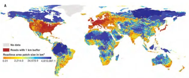 Figure C – Distribution mondiale de la taille des fragments sans routes. En rouge les zones les plus fortement touchées