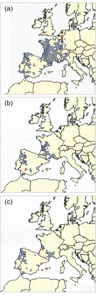 Figure 1.10 – Cartes de répartition d’O. curtisii (a), de G. graslinii (b) et de M. splendens (c) (d’après Boudot &amp; Kalkman, 2015)