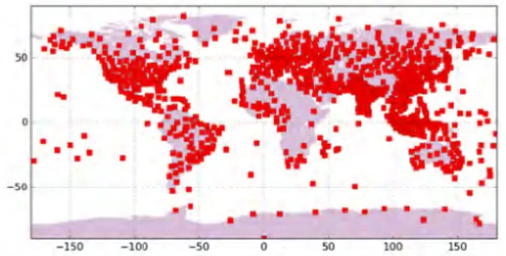 Figure 1.5 – R´ epartition spatiale des ballons-sondes effectuant les radiosondages sur la p´ eriode de 2005-2016.