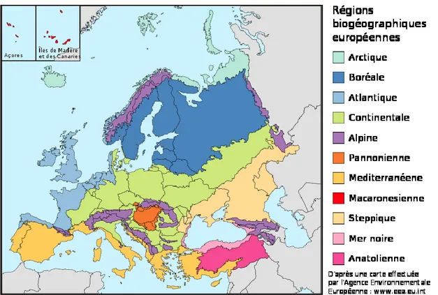 Figure  I-8 :  Régions  biogéographiques  présentes  en  Europe.  Source :Agence  Européenne  de  l’Environnement (EEA) 