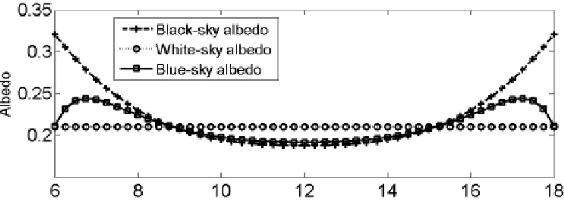 Figure  I-12 :  Exemple  d’évolution  des  albédos  « black-sky »,  « white-sky »  et  « blue-sky »  sur  une  surface végétalisée
